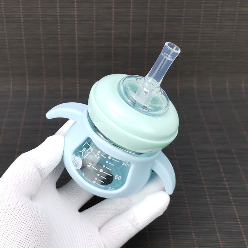 婴儿90ml耐高温宽口径玻璃奶瓶宝宝重力球吸管杯手柄鸭嘴喝水训练