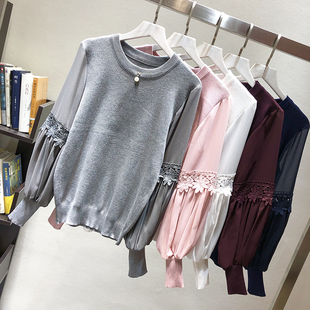 毛衣打底衫 镂空雪纺灯笼袖 长袖 女2019秋季 复古宽松上衣 拼接针织衫