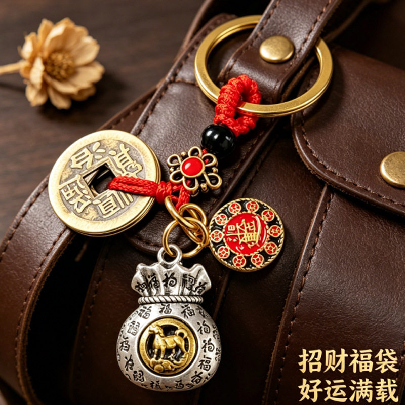 【厂家批发】金银双色生肖钥匙扣满刻福纹福袋精致汽车包包小挂件
