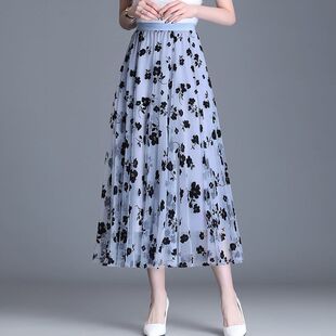 新款春夏裙子仙女裙飘逸长裙胖妹妹广场舞高腰裙大摆裙中年高腰蓝