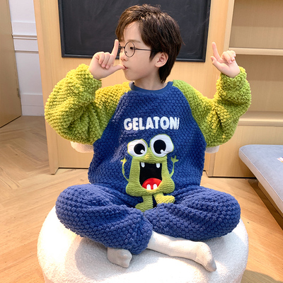 睡衣儿童秋冬季法兰绒珊瑚绒男童加厚加绒保暖可外穿家居服两件套
