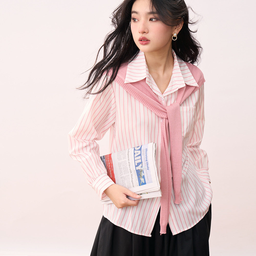 杭州圣都服饰【盛都】24春夏季新韩版法式少女粉色条纹衬衫披肩休