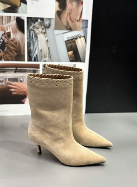 IDO靴子女2025新款爆款配裙子磨砂皮尖头高跟中筒靴气质时装靴女