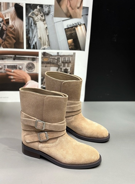 IDO鞋子女2025新款爆款靴子秋双皮带扣中筒靴女真皮马丁靴配裙子