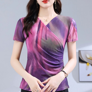 渐变色印花收腰显瘦V领小衫女2025夏季新款网纱短袖女上衣纱衣T恤