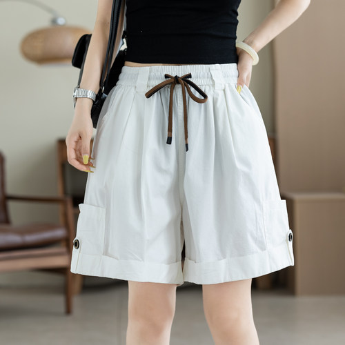 咖咪羽100%棉韩版休闲大码休闲裤女2026夏款宽松抽绳显瘦工装短裤