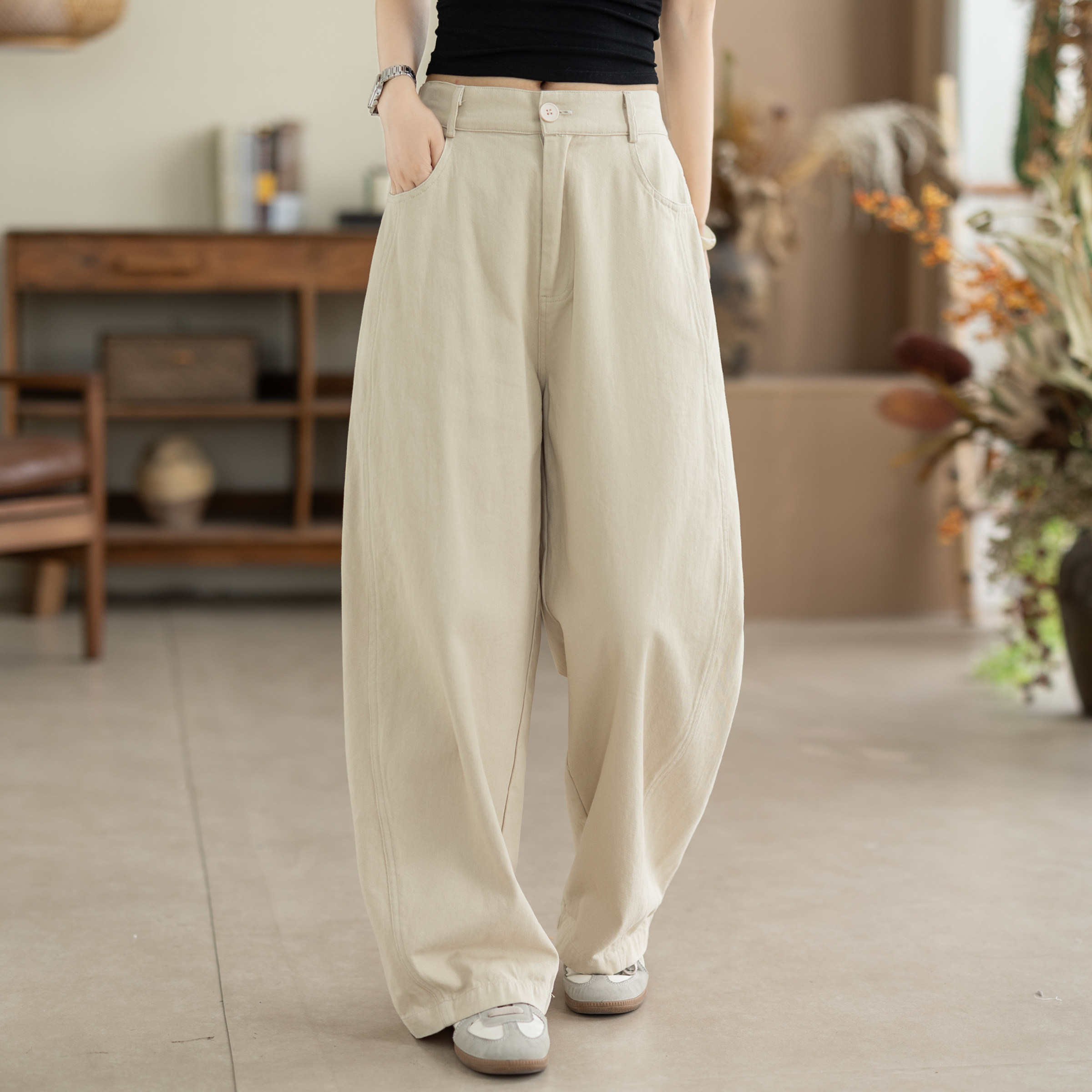 咖咪羽100%棉休闲裤女夏季新款高腰宽松流行阔腿休闲直筒女装裤子