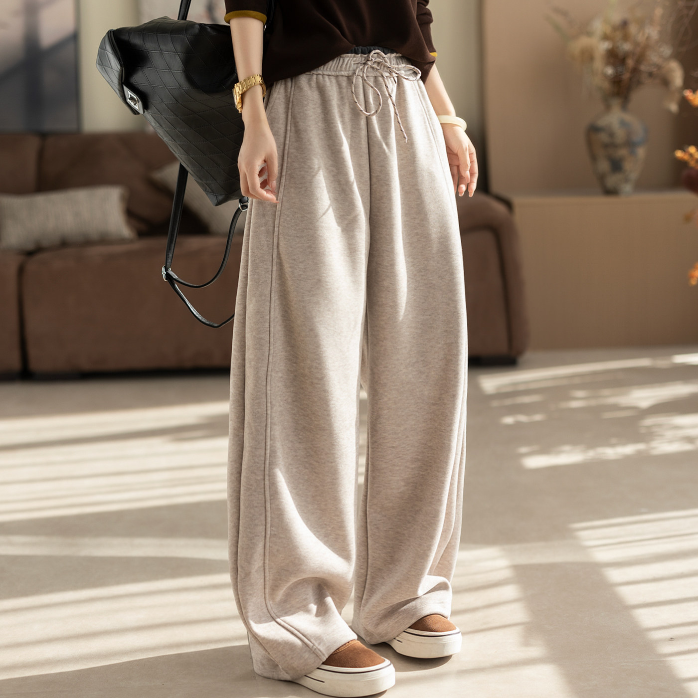 咖咪羽100棉休闲裤女秋冬新款直筒宽松女士加厚流行阔腿女装裤子