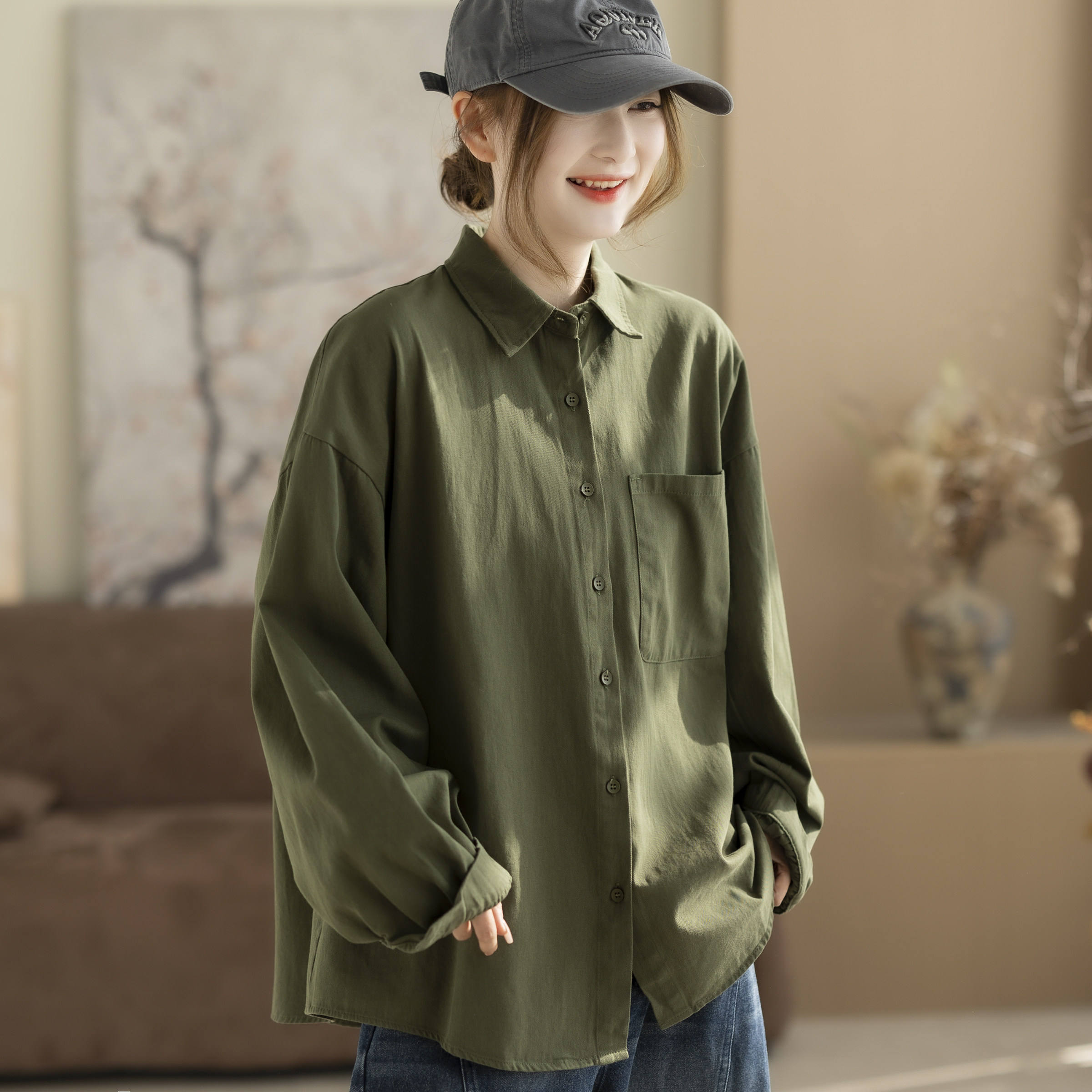 咖咪羽全棉男友风大口袋衬衫宽松休闲百搭叠穿时尚衬衫上衣女