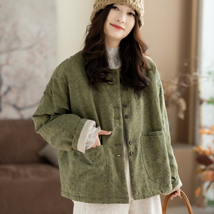 咖咪羽亚麻棉服女秋冬新款文艺休闲纯色宽松流行百搭复古女装外套
