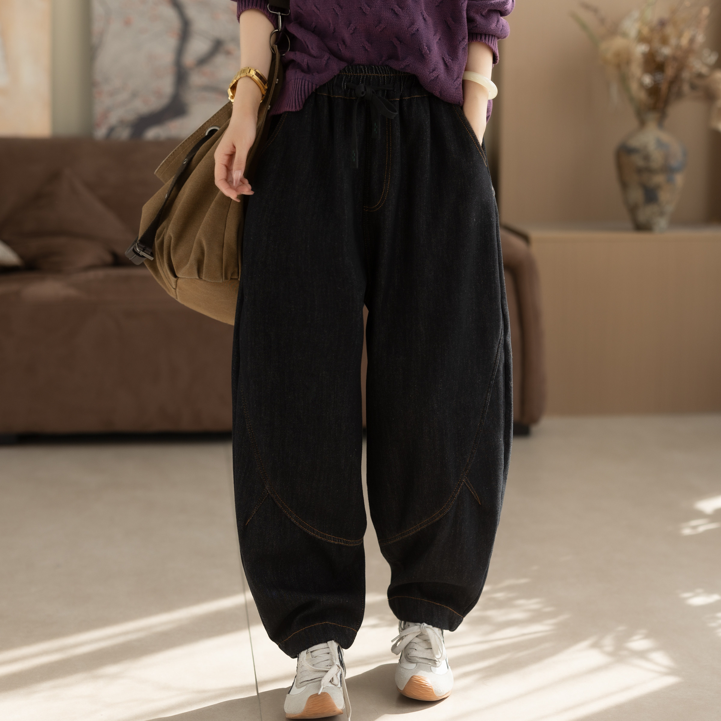 咖咪羽加绒加厚复古牛仔裤女士大码阔腿裤宽松显瘦哈伦裤老爹裤