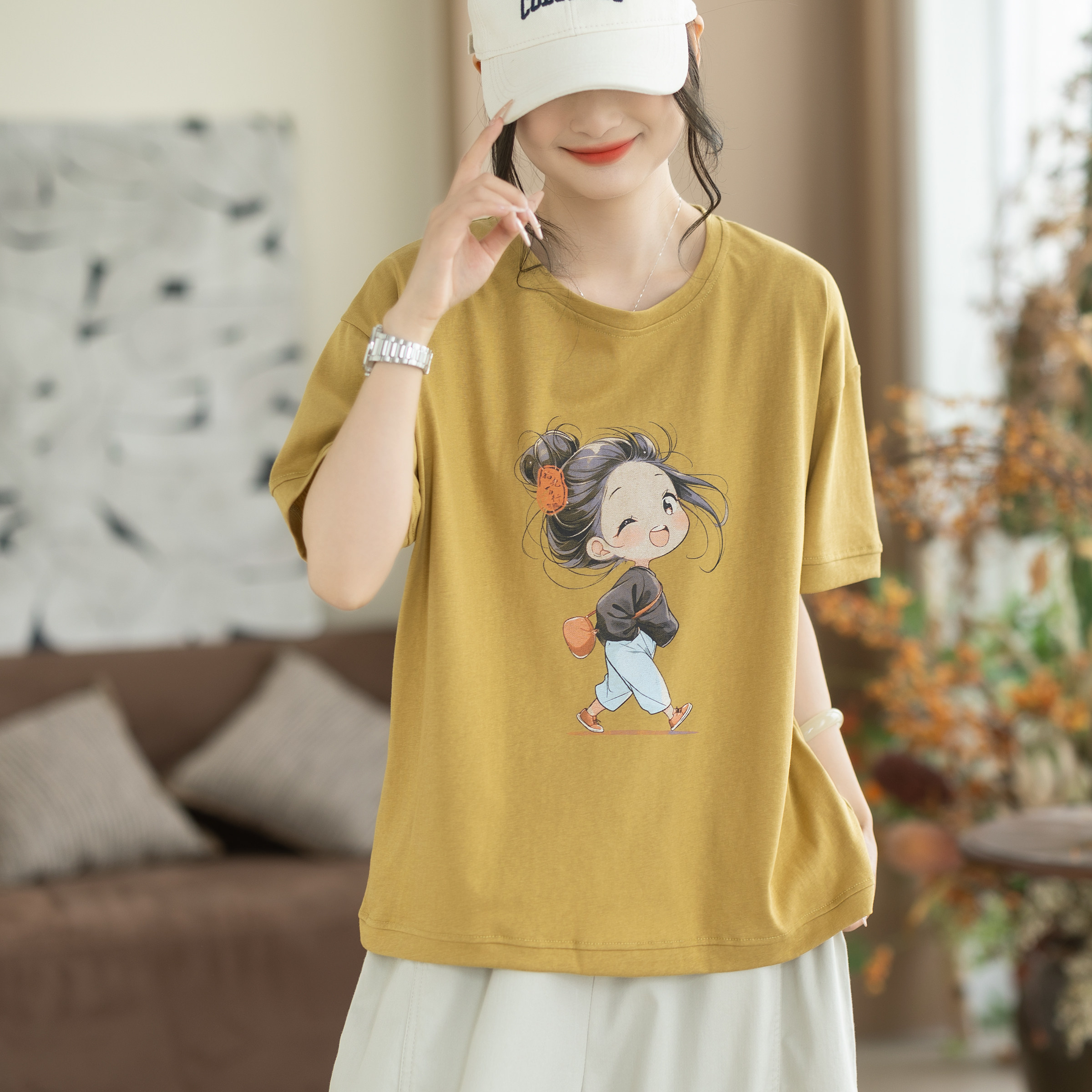 咖咪羽短袖女夏季新款休闲纯属百搭复古原来卡通印花时尚女装T恤