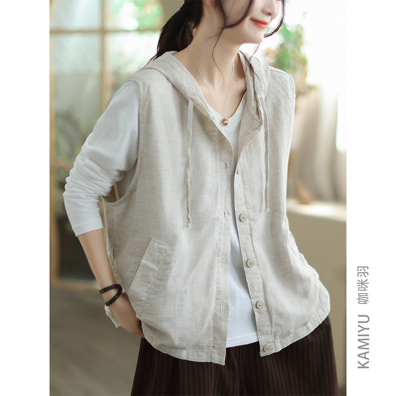咖咪羽100%亚麻无袖马甲文艺纯色连帽马夹坎肩纯色外套
