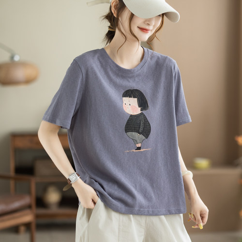 咖咪羽T恤女夏季新款圆领卡通印花上衣复古休闲女装上衣短袖体恤