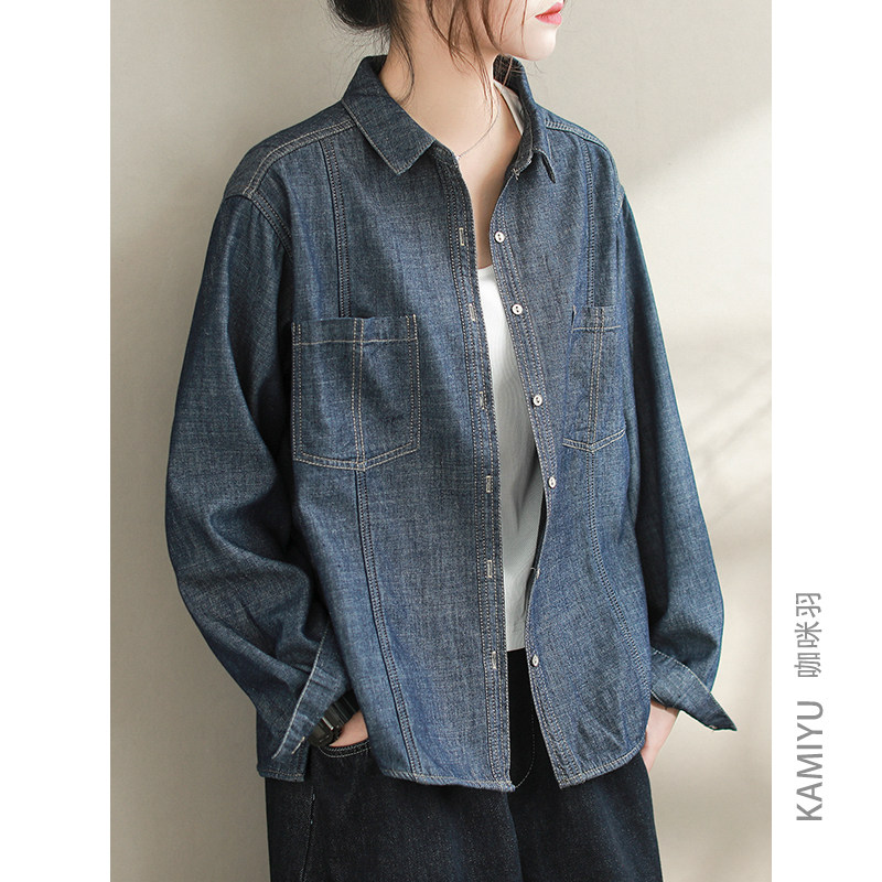 咖咪羽牛仔衬衫女春秋新款时尚宽松拼接棉质薄绒简约通勤休闲女款