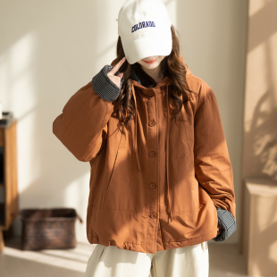 咖咪羽棉服女秋冬新款女士连帽洋气时尚高级宽松橘色女装上衣棉袄