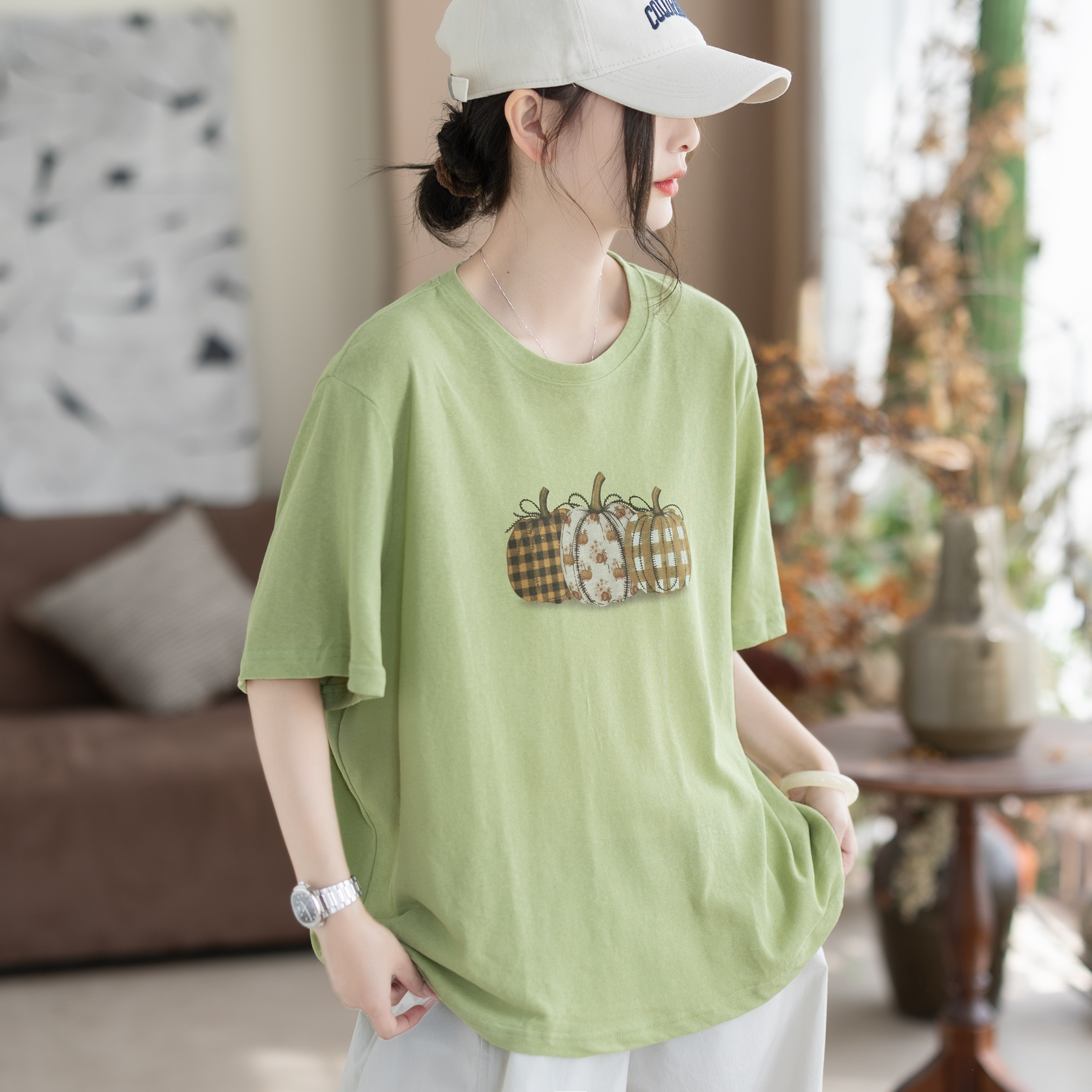 咖咪羽文艺风南瓜印花 夏季新款宽松大码休闲短袖上衣T恤女