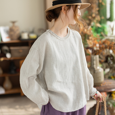 咖咪羽春季新款亚麻上衣女宽松慵懒风 毛边圆领透气长袖女装衬衫