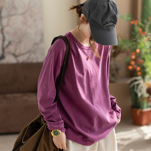 咖咪羽100%棉长袖T恤女春秋新款圆领休闲洋气宽松通勤女装上衣潮