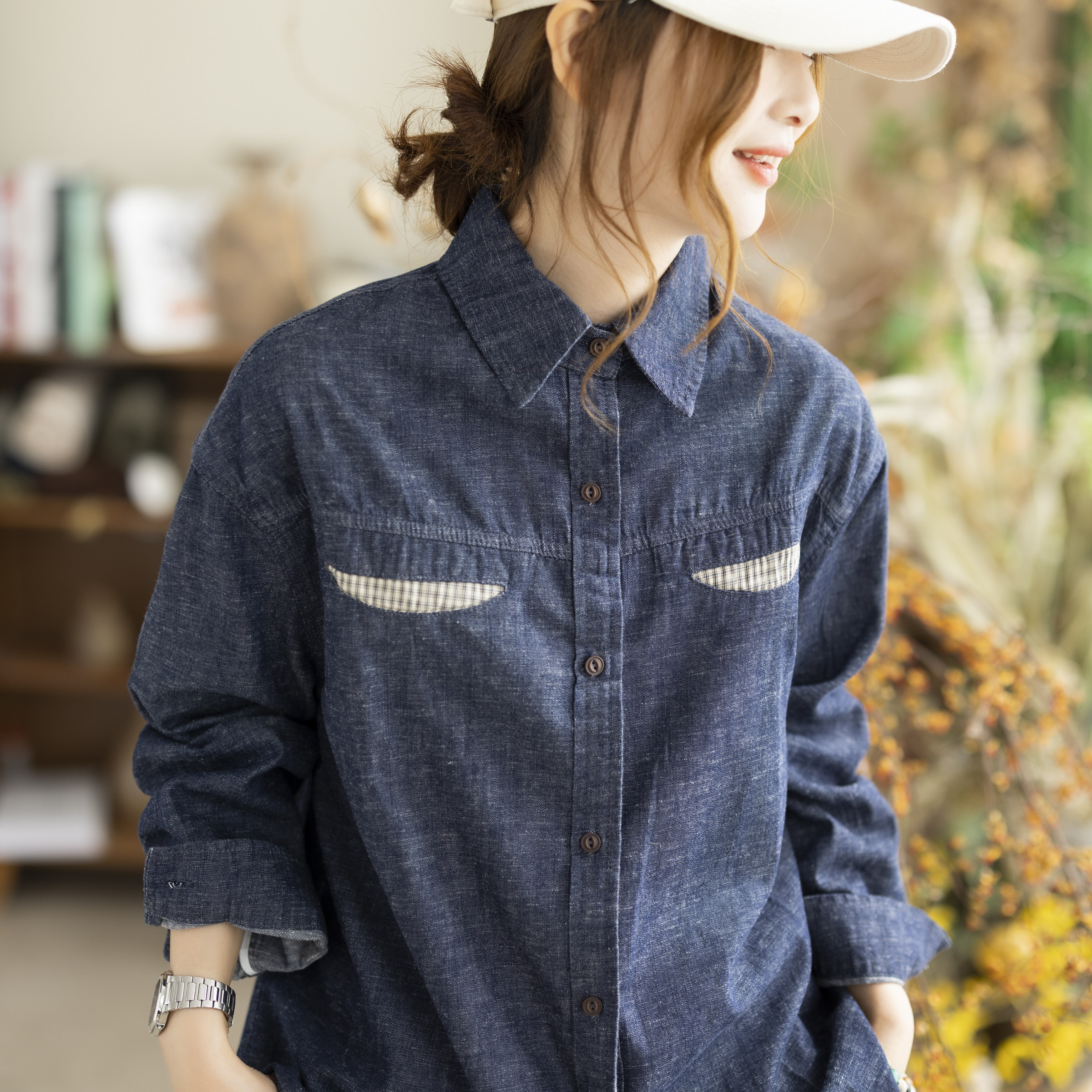 咖咪羽2026新款蓝色翻领复古牛仔外套女宽松短款休闲女装衬衫上衣