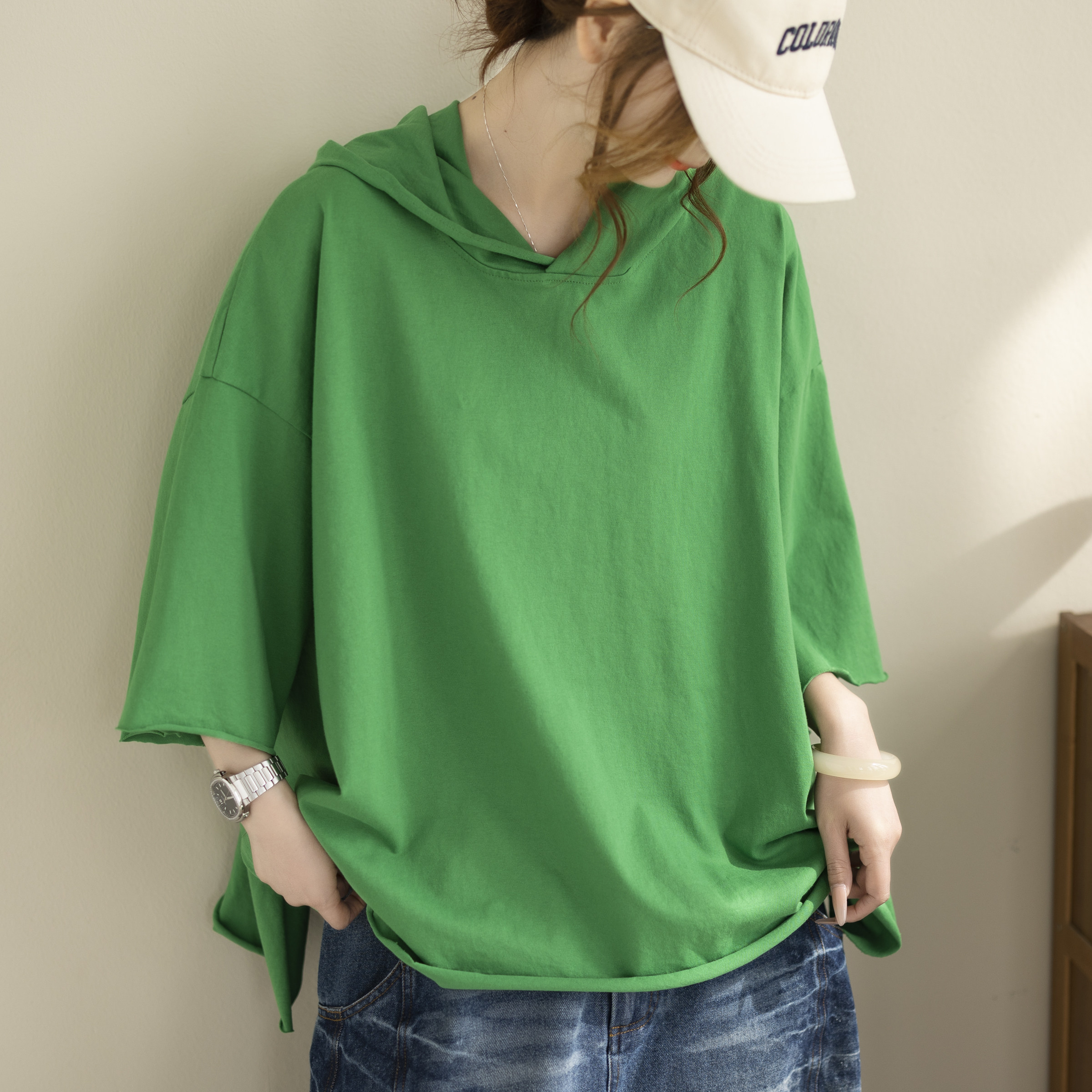 咖咪羽100%棉宽松连帽短袖 T恤女夏季新款中袖上衣不规则下摆体恤