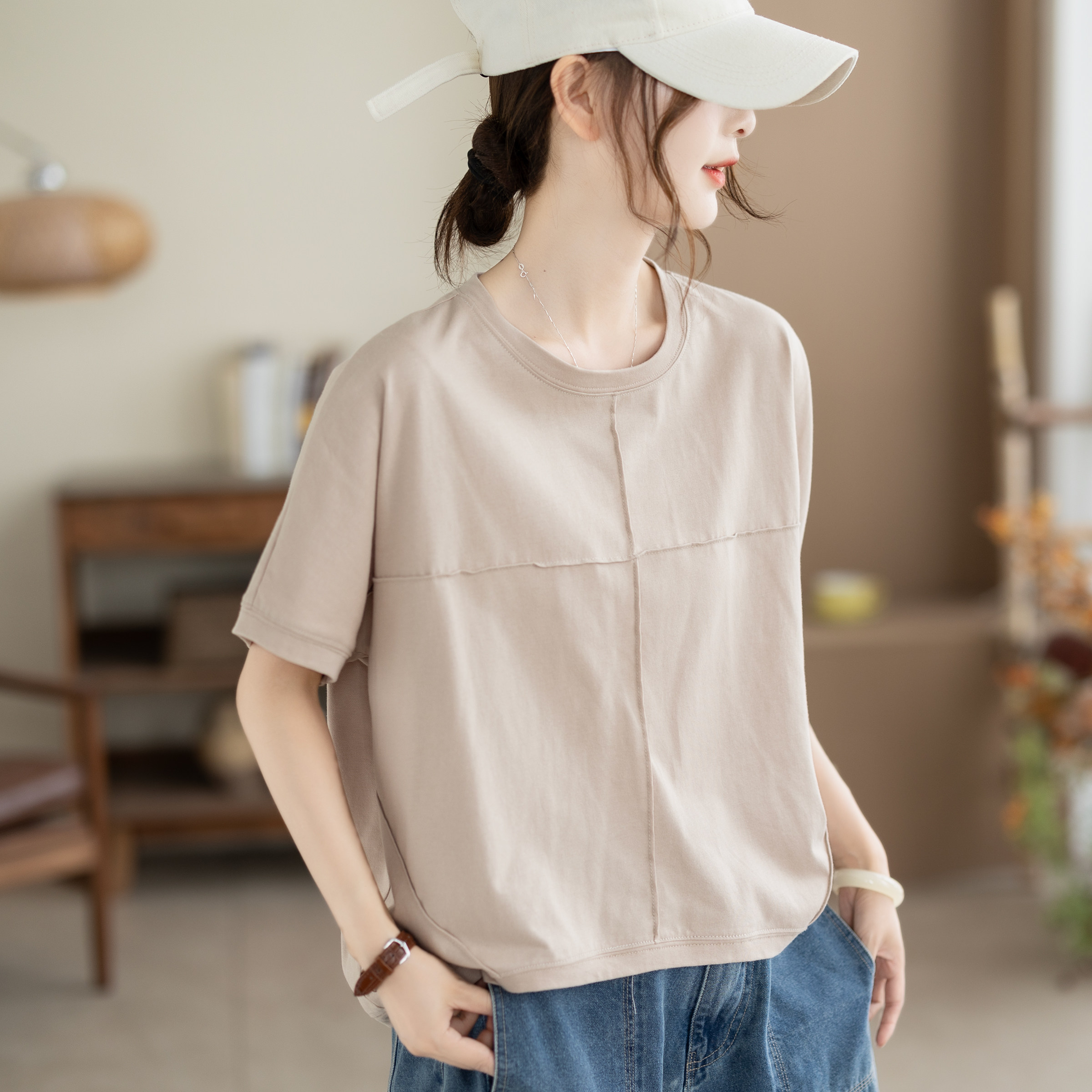 咖咪羽2026新款复古做旧短袖女宽松落肩圆领透气棉感女装T恤女
