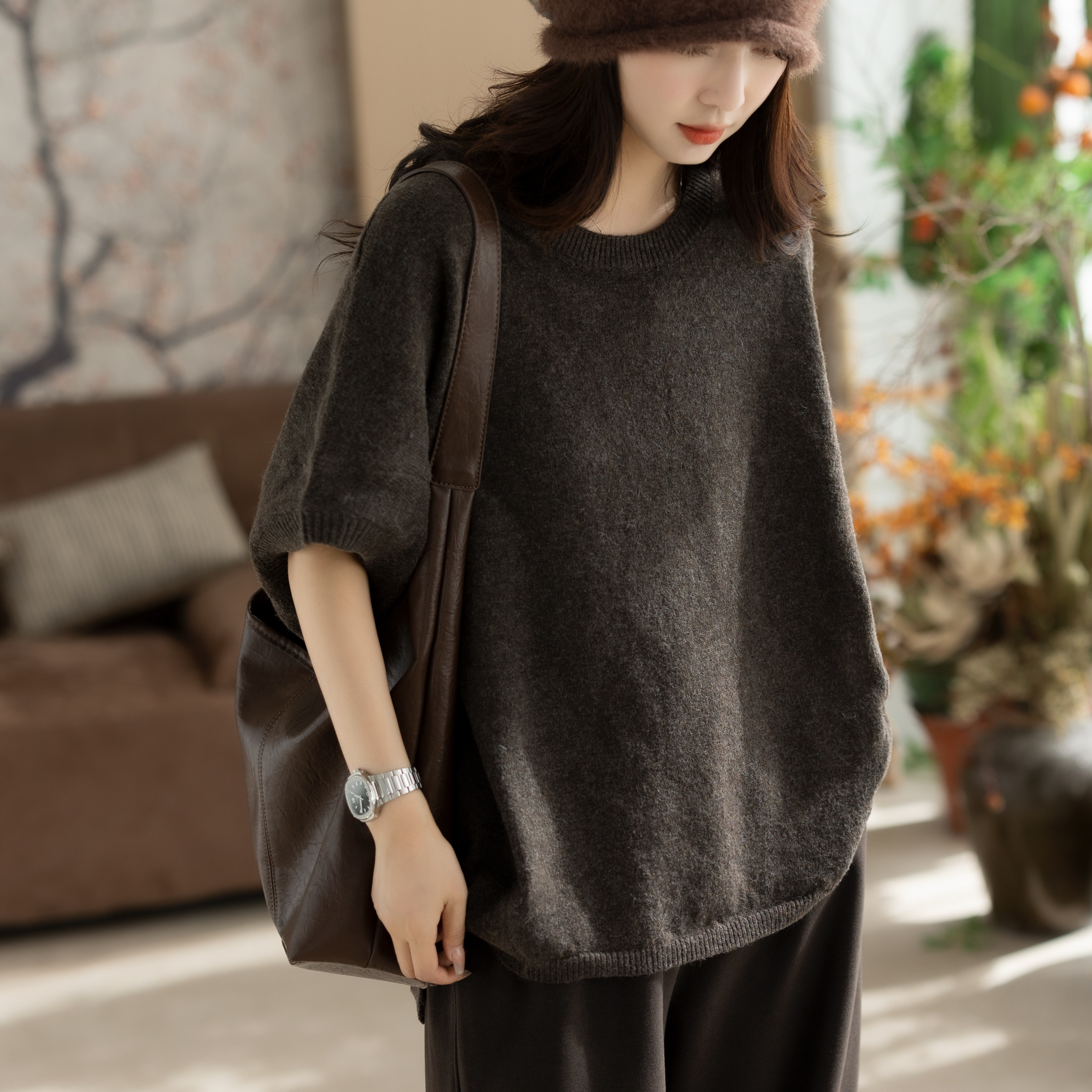 咖咪羽秋冬新款针织毛衣女秋冬圆领文艺休闲女士百搭复古羊毛女款