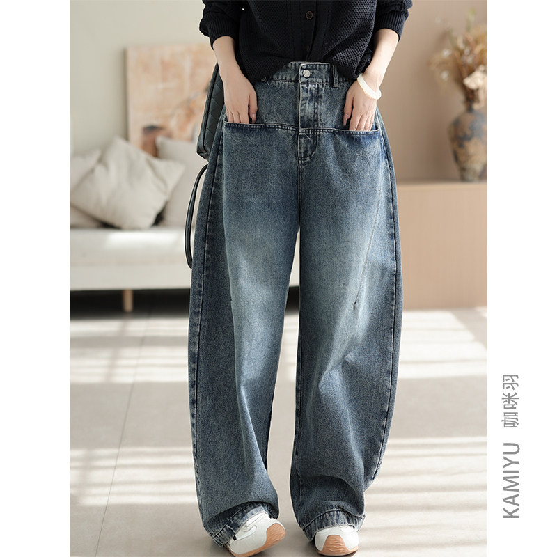 咖咪羽牛仔裤女秋季新款时尚女士弯刀裤简约高腰水洗复古女装裤子