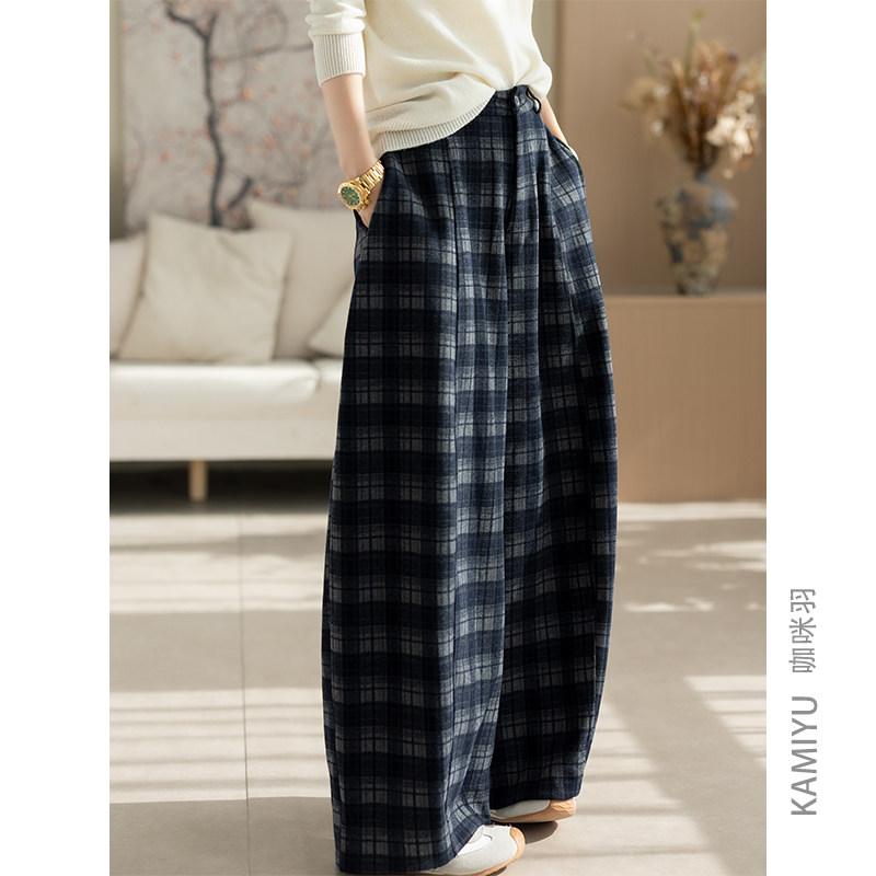 咖咪羽格子休闲裤女秋冬新款直筒百搭宽松文艺棉质流行女装裤子