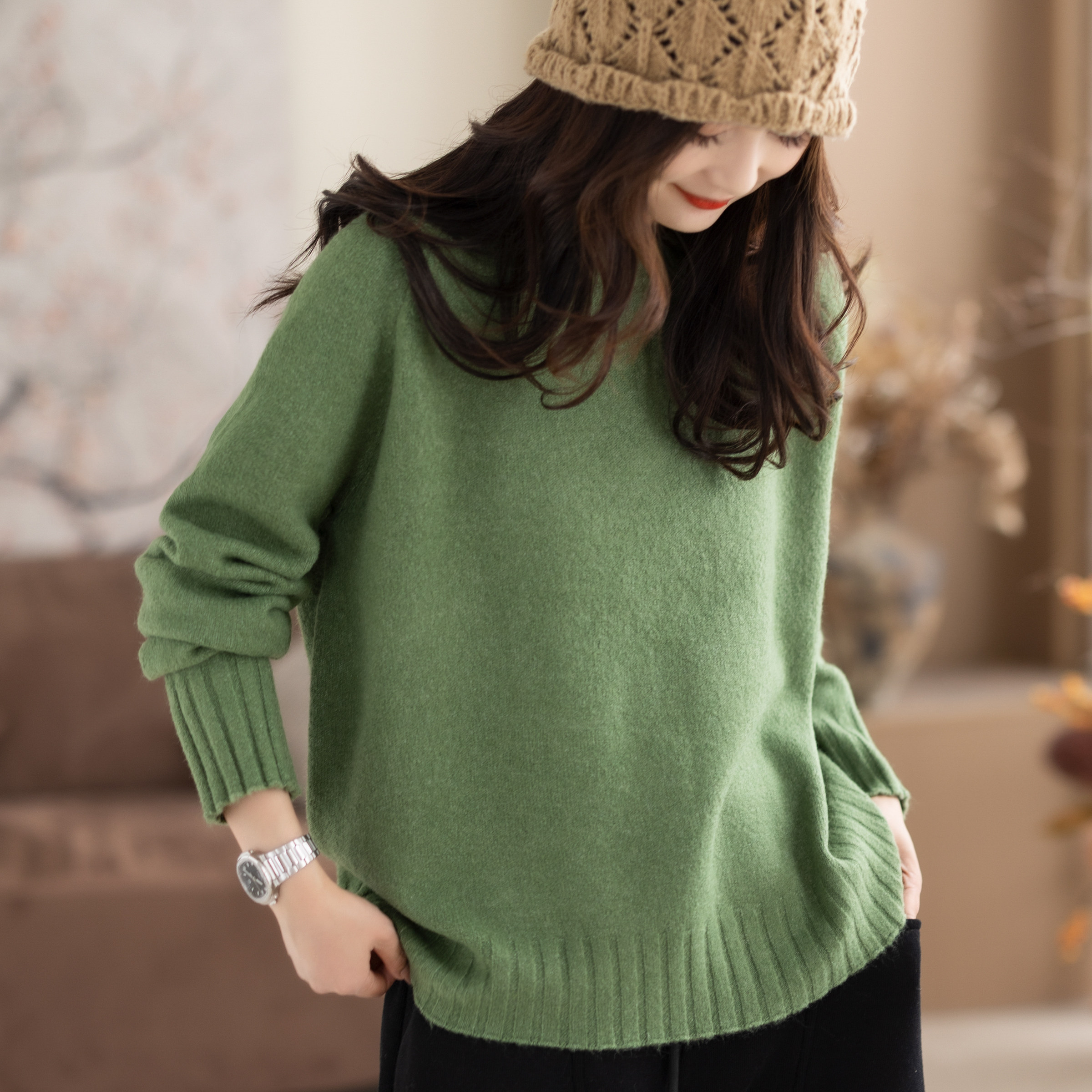 咖咪羽绿色圆领套头含羊毛加厚保暖长袖针织衫秋冬季气质纯色毛衣