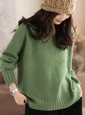 咖咪羽绿色圆领套头含羊毛加厚保暖长袖针织衫秋冬季气质纯色毛衣