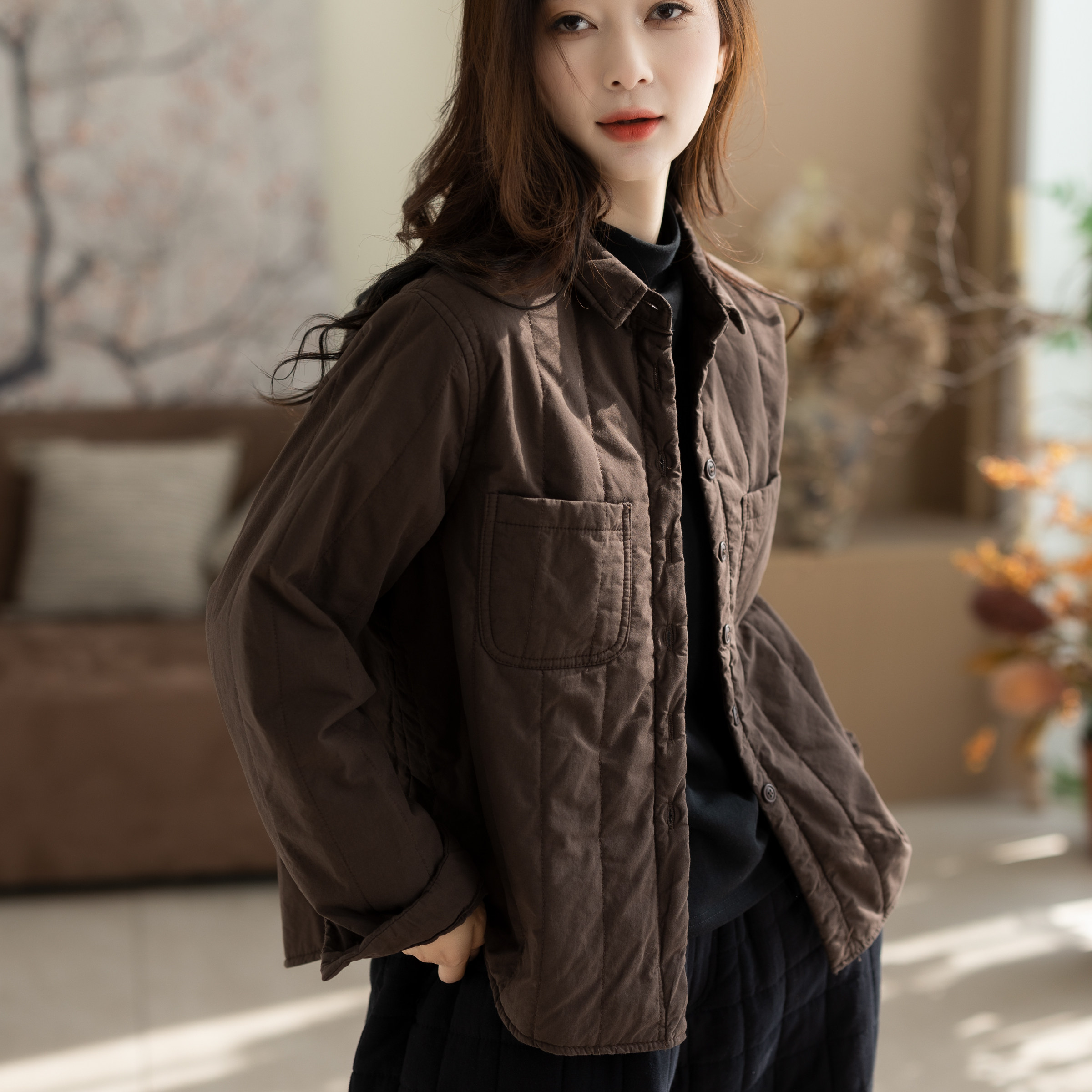 咖咪羽棉服女秋冬新款女士复古文艺宽松全棉百搭通勤流行女装外套