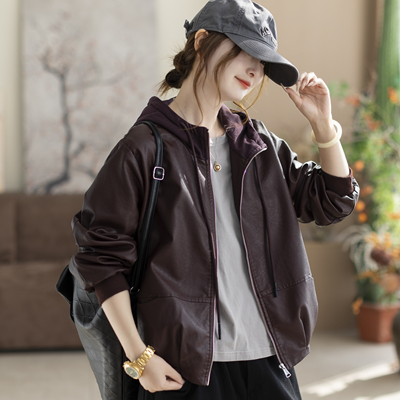 咖咪羽皮衣女春秋新款文艺休闲百搭宽松复古女士帽子气质女装上衣