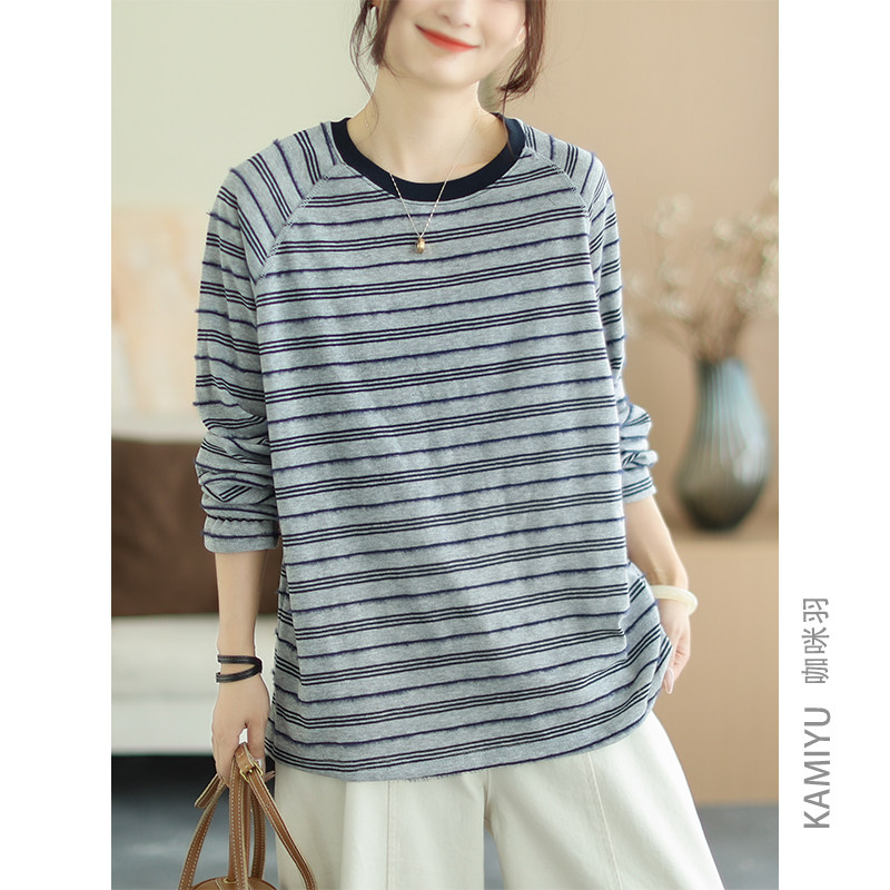 咖咪羽秋款复古条纹棉质通勤时尚拼色圆领显瘦长袖T恤上衣女