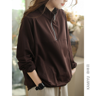 咖咪羽卫衣女秋装新款休闲宽松复古拼接原创休闲百搭通勤女装上衣