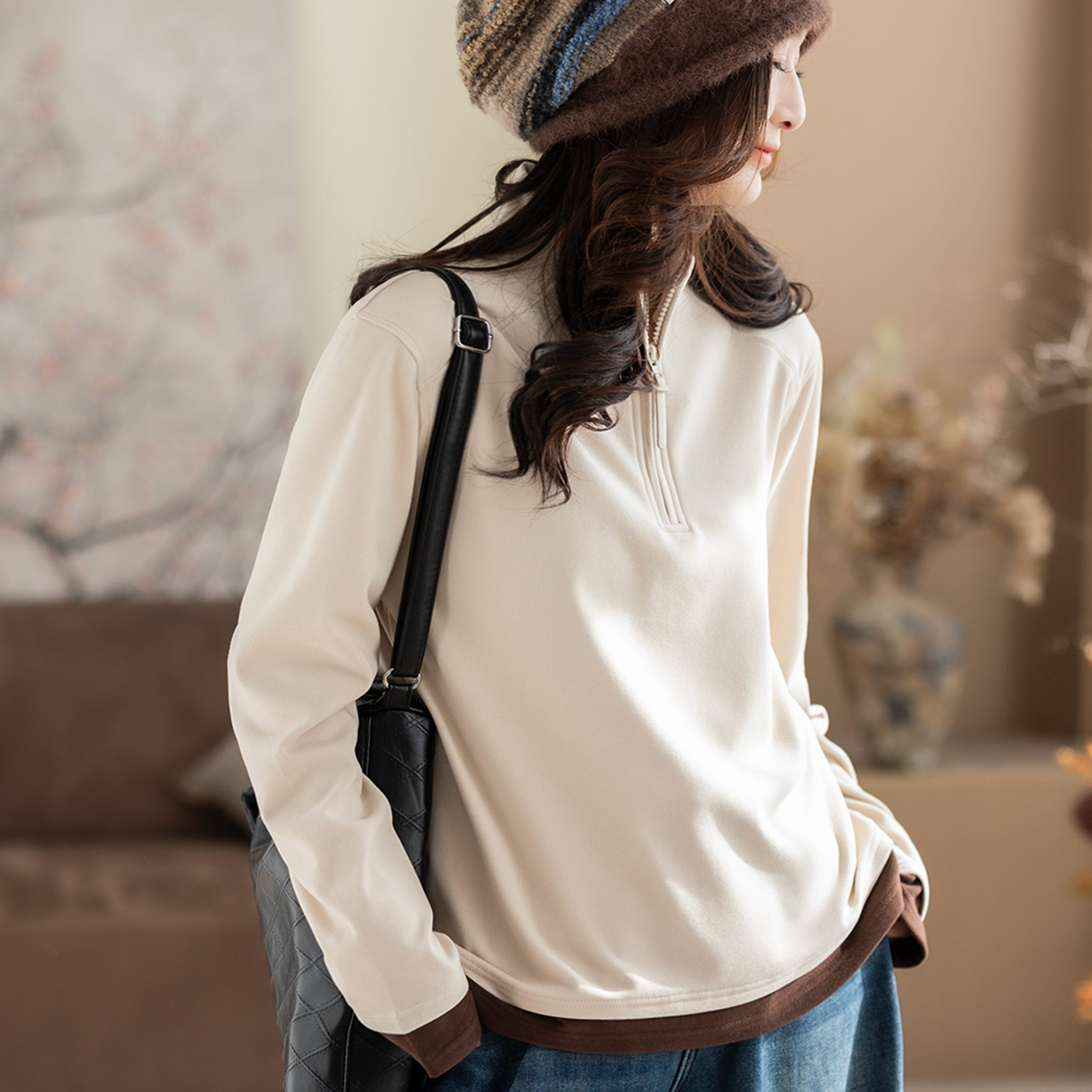 咖咪羽打底衫女冬装新款德绒立领休闲半开领修身长袖上衣女装卫衣