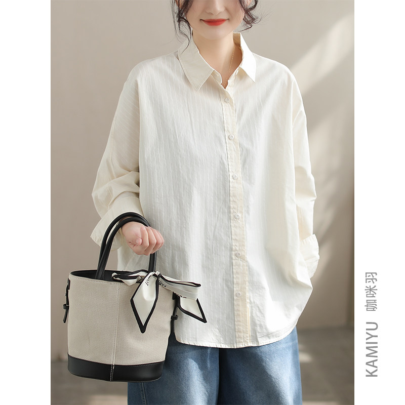 咖咪羽衬衫女2025新款文艺休闲条纹全棉翻领长袖百搭复古女装开衫,女装/女士精品,衬衫,淘宝优惠券,粉丝福利购,淘宝优惠卷