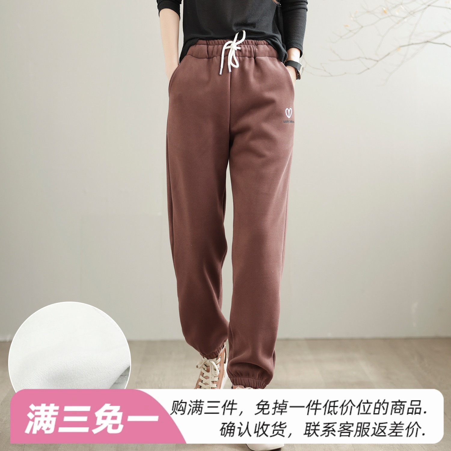 新款休闲裤女2022秋装简约女士加绒裤子纯色宽松复古直筒拼接女裤