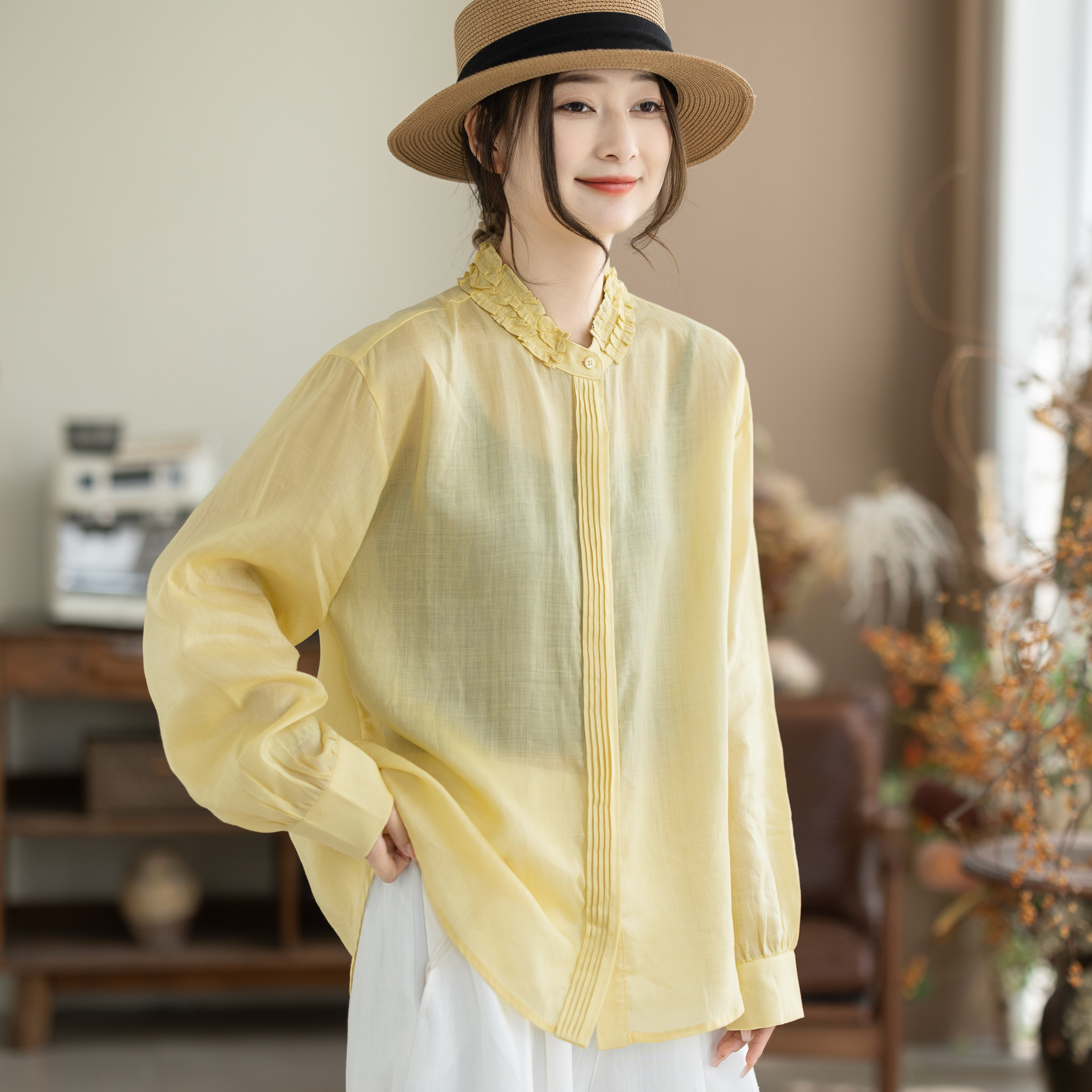 咖咪羽苎麻天丝女夏季长袖木耳花边立领时尚百搭气质减龄宽松上衣