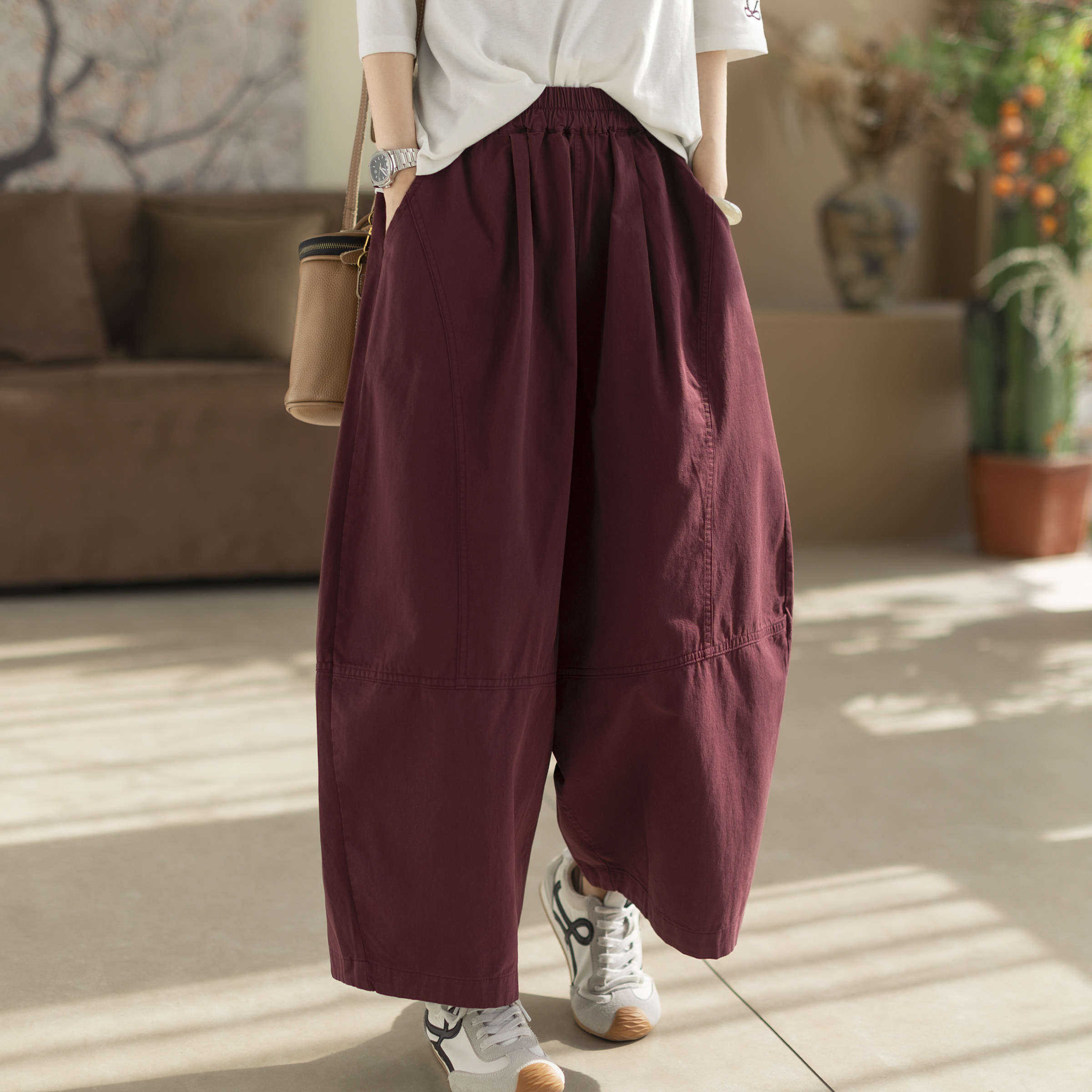 咖咪羽100%棉休闲裤女时尚纯色宽松女士阔腿裤洋气通勤女装裤子 - 咖咪羽文艺休闲女装出品