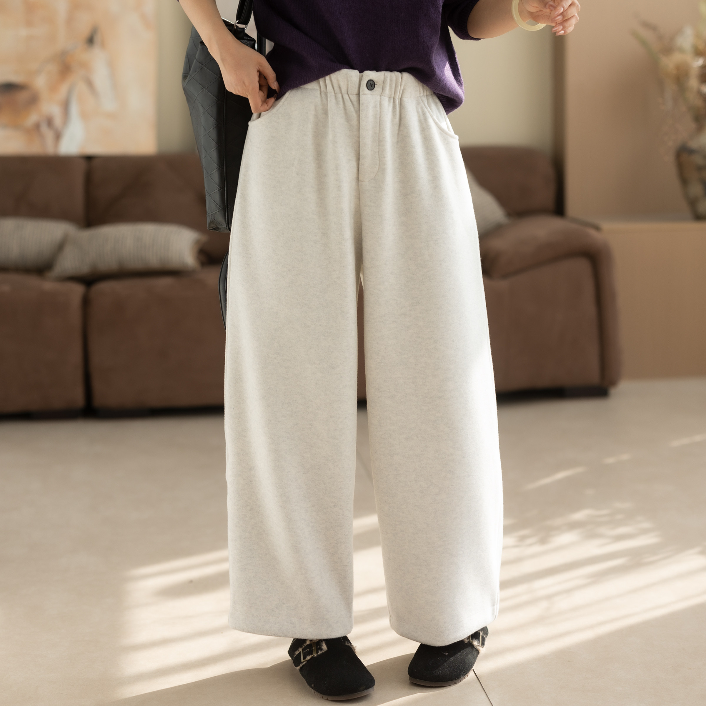 咖咪羽休闲裤女秋冬新款女士加绒流行气质复古纯色羊毛女装裤子厚