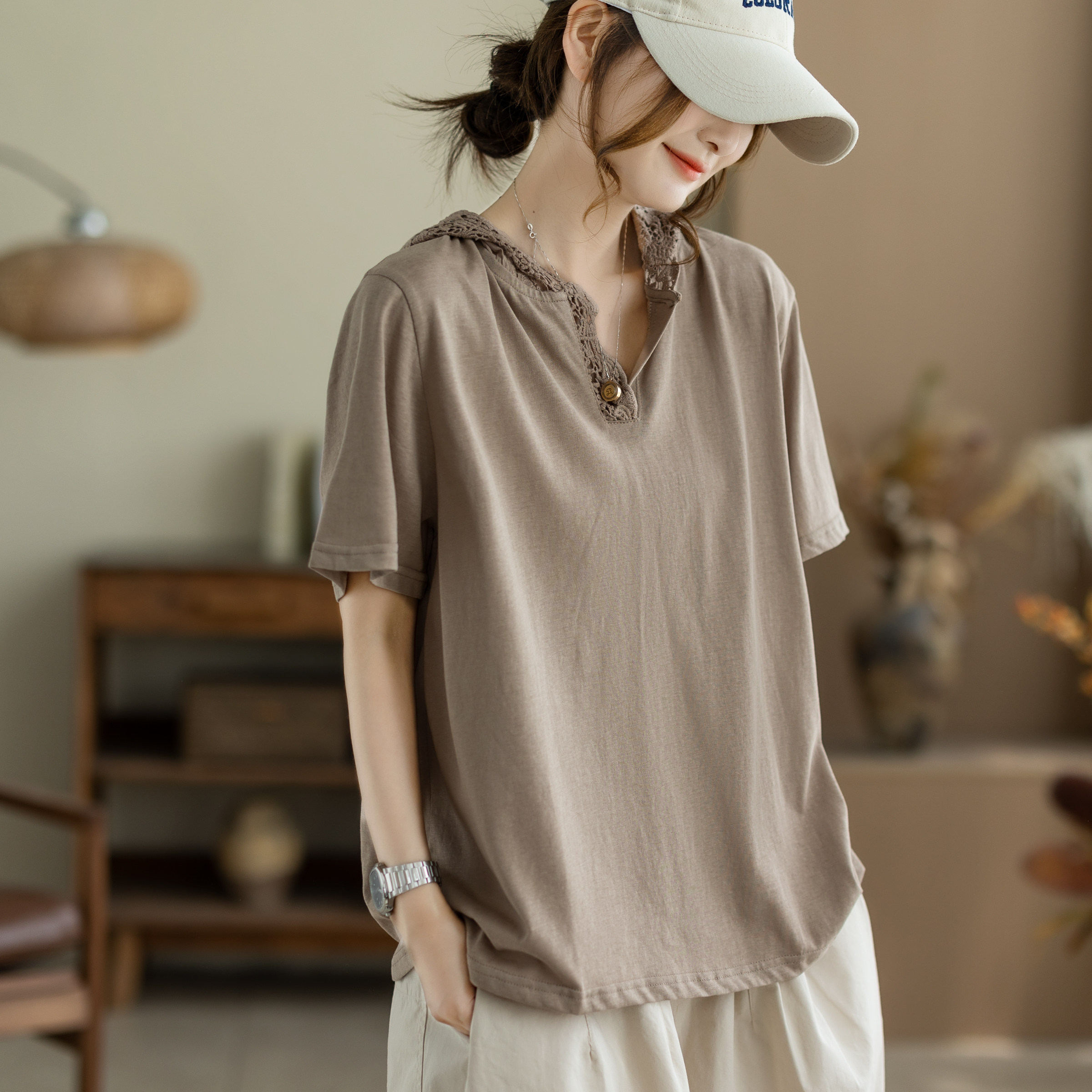 咖咪羽100%棉T恤女夏季新款宽松上衣拼接连帽减龄休闲女装短袖潮