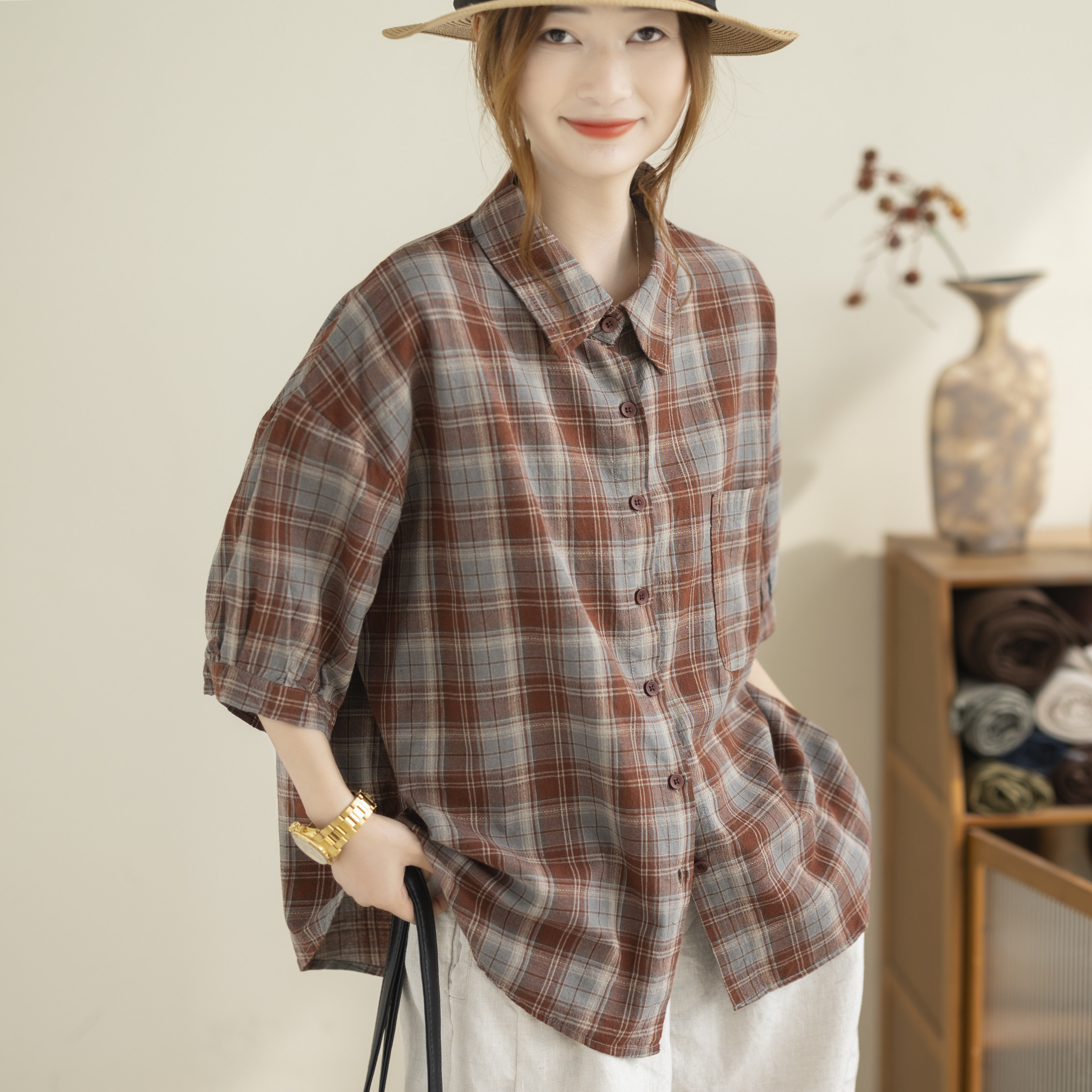 咖咪羽棉100%复古风格纹短袖衬衫女宽松翻领中长款休闲通勤上衣