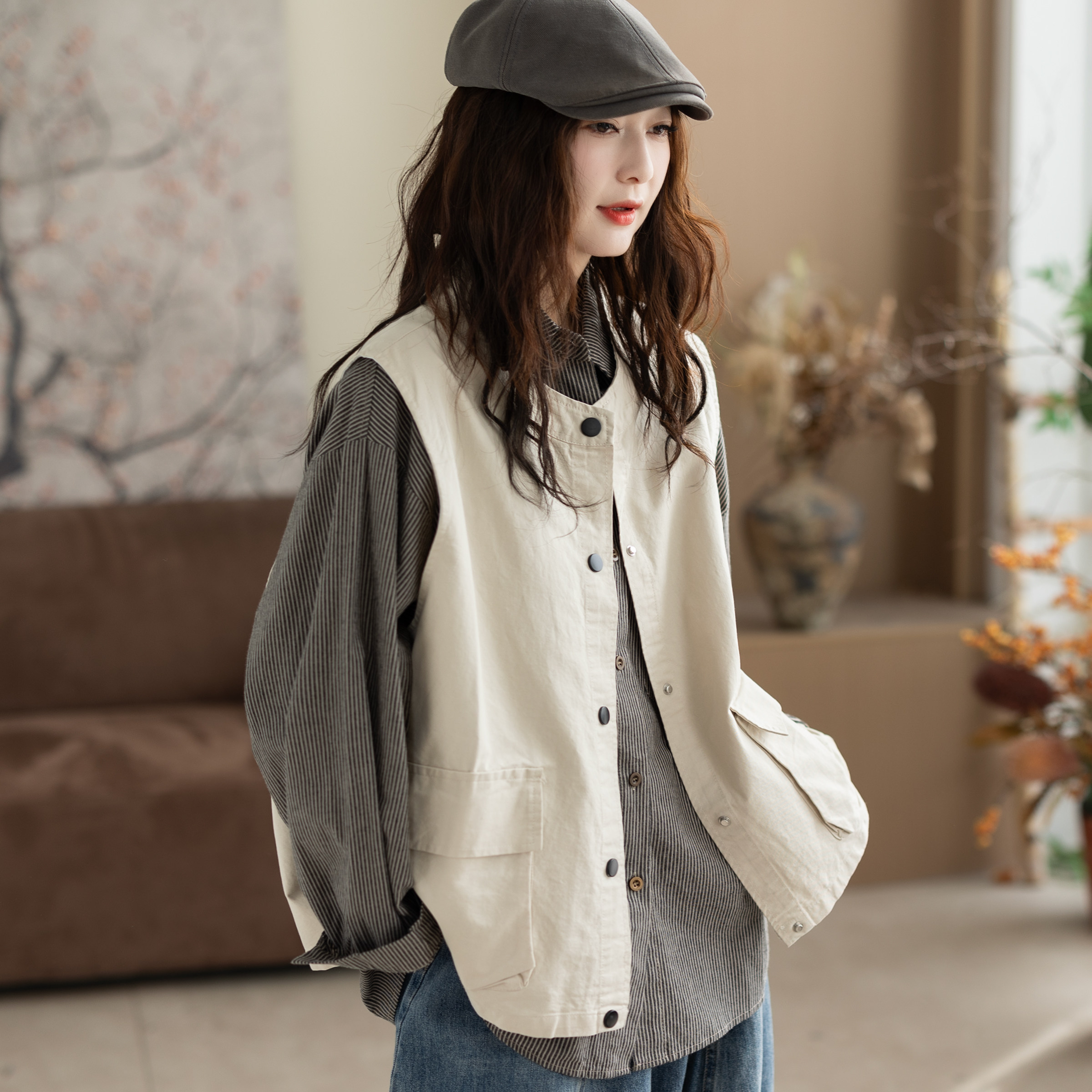 咖咪羽马夹女复古风工装水洗棉马甲外套背心女休闲立领坎肩短外套