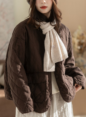 咖咪羽棉服女秋冬新款文艺复古宽松女士纯色通勤棉麻女装上衣外套