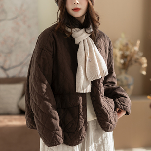 咖咪羽棉服女秋冬新款文艺复古宽松女士纯色通勤棉麻女装上衣外套