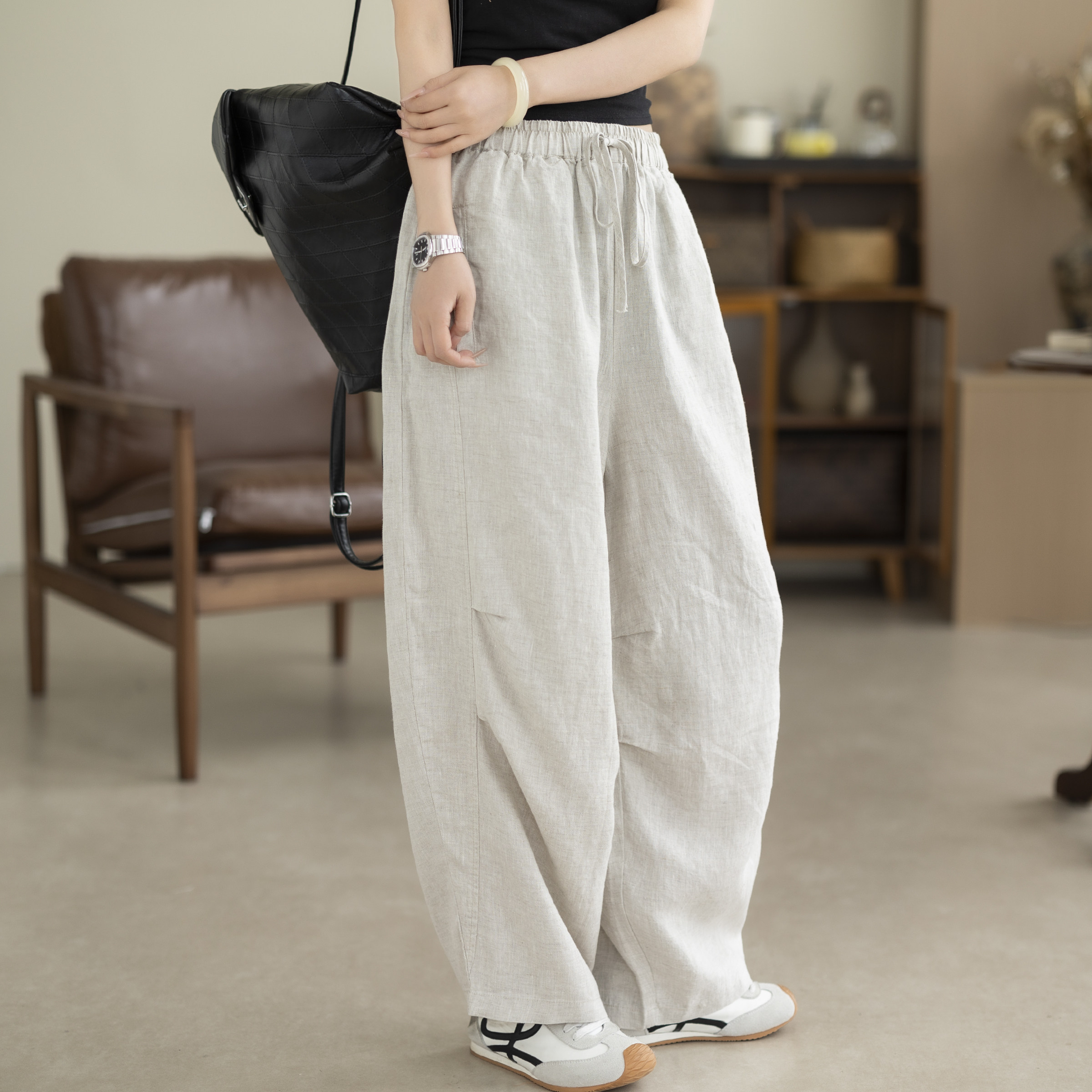 咖咪羽100%亚麻温柔风紫色阔腿裤女春夏高腰抽绳宽松休闲女装长裤