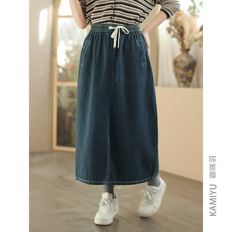 咖咪羽牛仔半身裙女休闲文艺宽松通勤女式百搭复古时尚女装A字裙