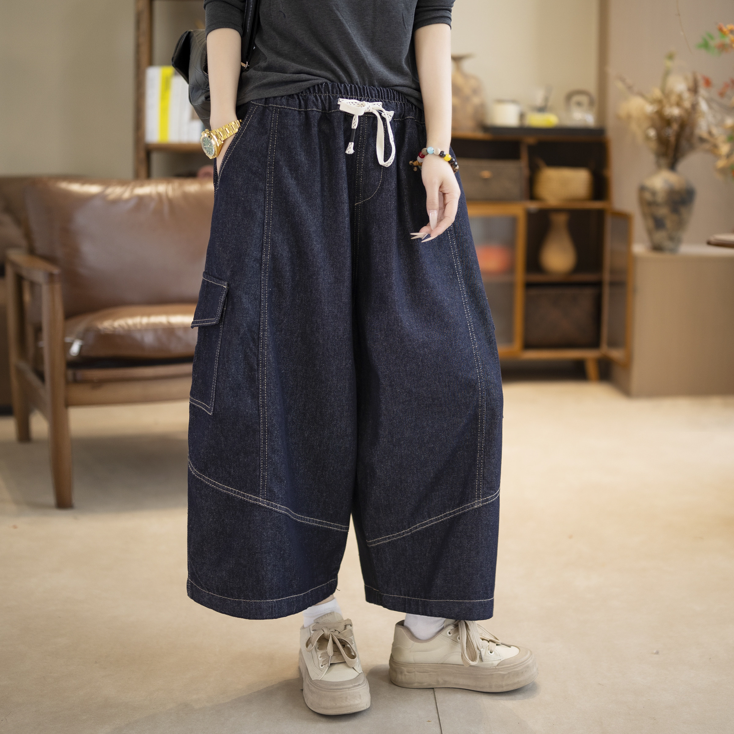 咖咪羽复古立体拼接牛仔裤宽松百搭显瘦松紧腰抽绳休闲直筒七分裤