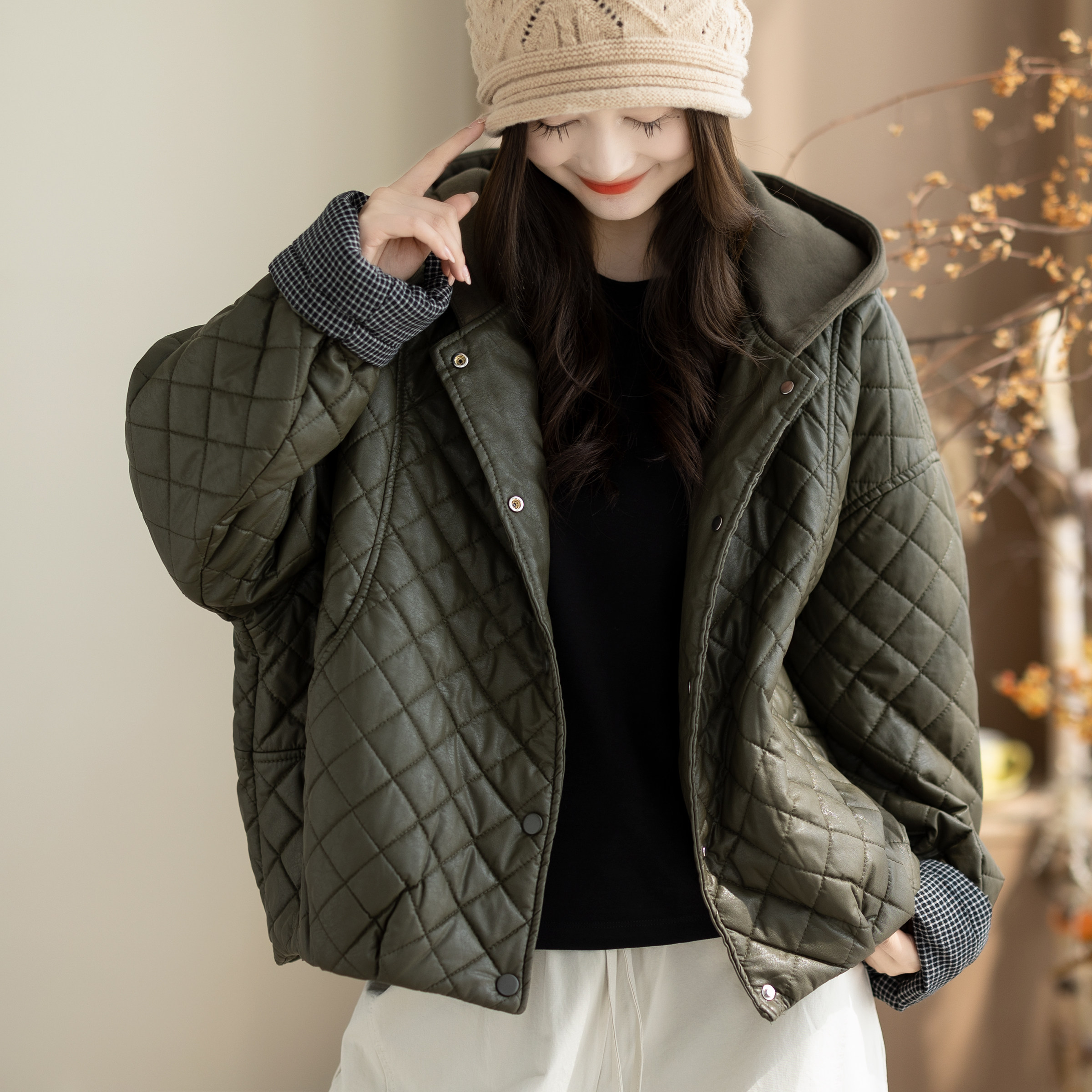棉服女秋冬新款菱格连帽女款棉衣松弛洋气时髦感夹棉棉袄女装外套